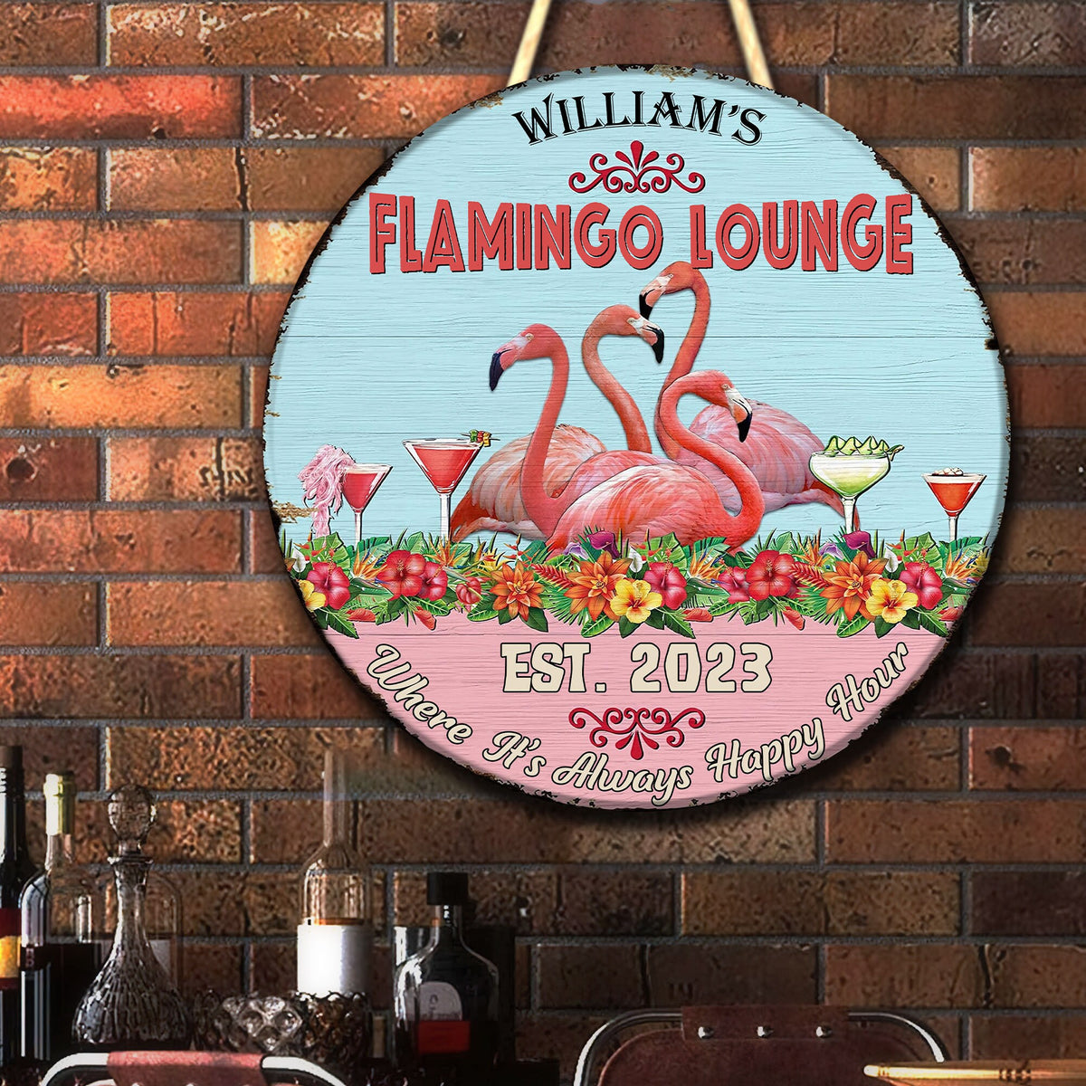 Personalized Flamingo Lounge Wooden Sign: Tiki Bar Decor