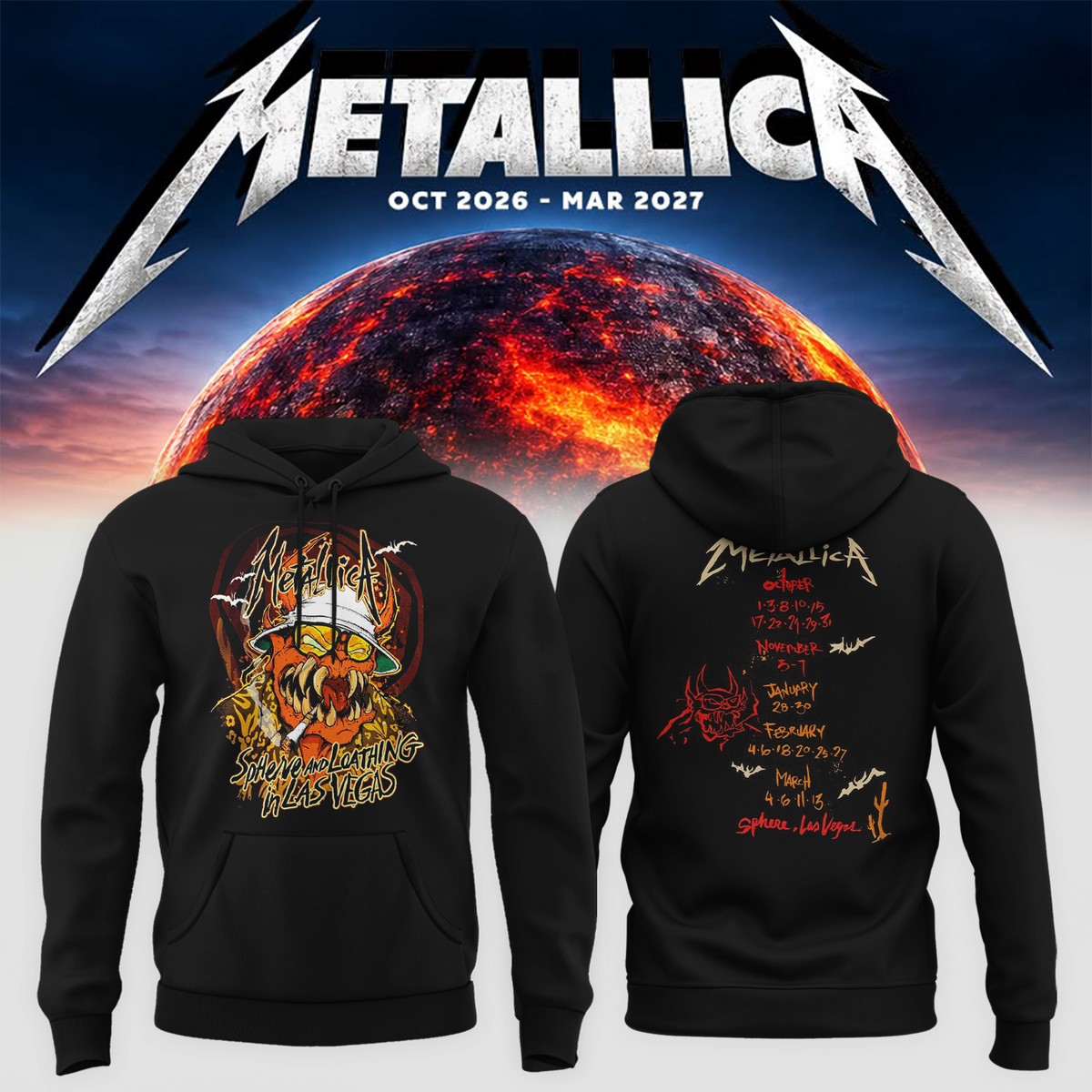 MTLC Life Burns Faster 2026 2027 Las Vegas Merch Tee Live At Sphere Tour Dates Skeleton Wizard Two Sided Hoodie