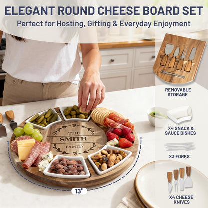 Personalized Acacia Charcuterie Board Housewarming Gift, Engraved Cheese Board Set, Custom Family Name Serving Board, New Home Gift Idea