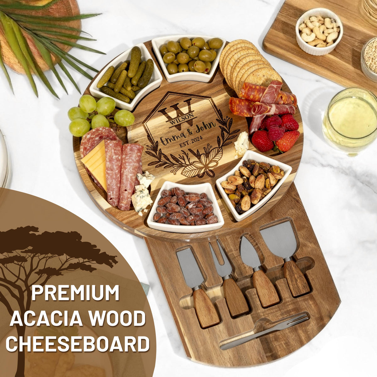 Personalized Acacia Charcuterie Board Housewarming Gift, Engraved Cheese Board Set, Custom Family Name Serving Board, New Home Gift Idea
