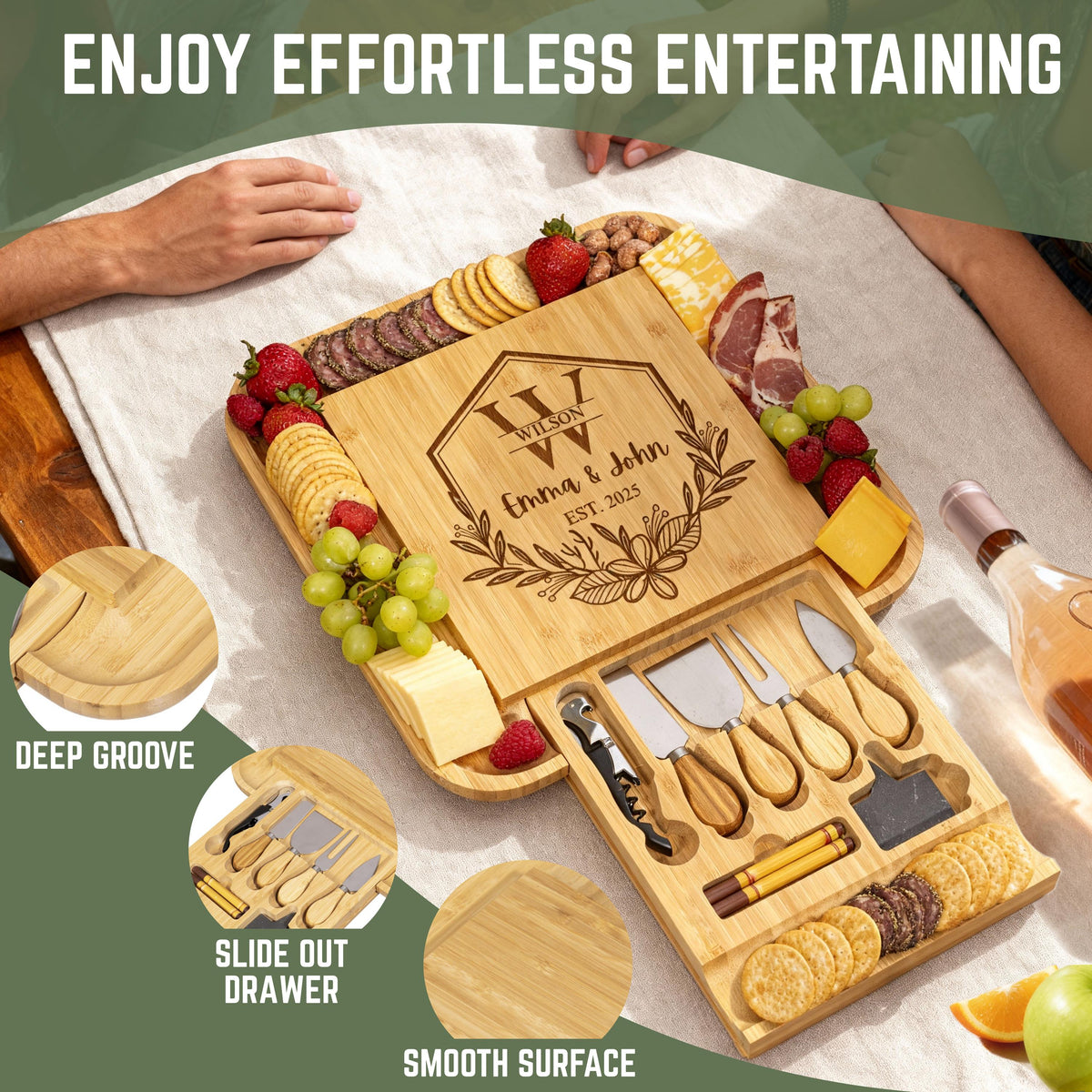 First Home Gift Personalized Charcuterie Board Set, Engraved Bamboo Cheese Board with Drawer, New House Celebration, Custom Kitchen Board