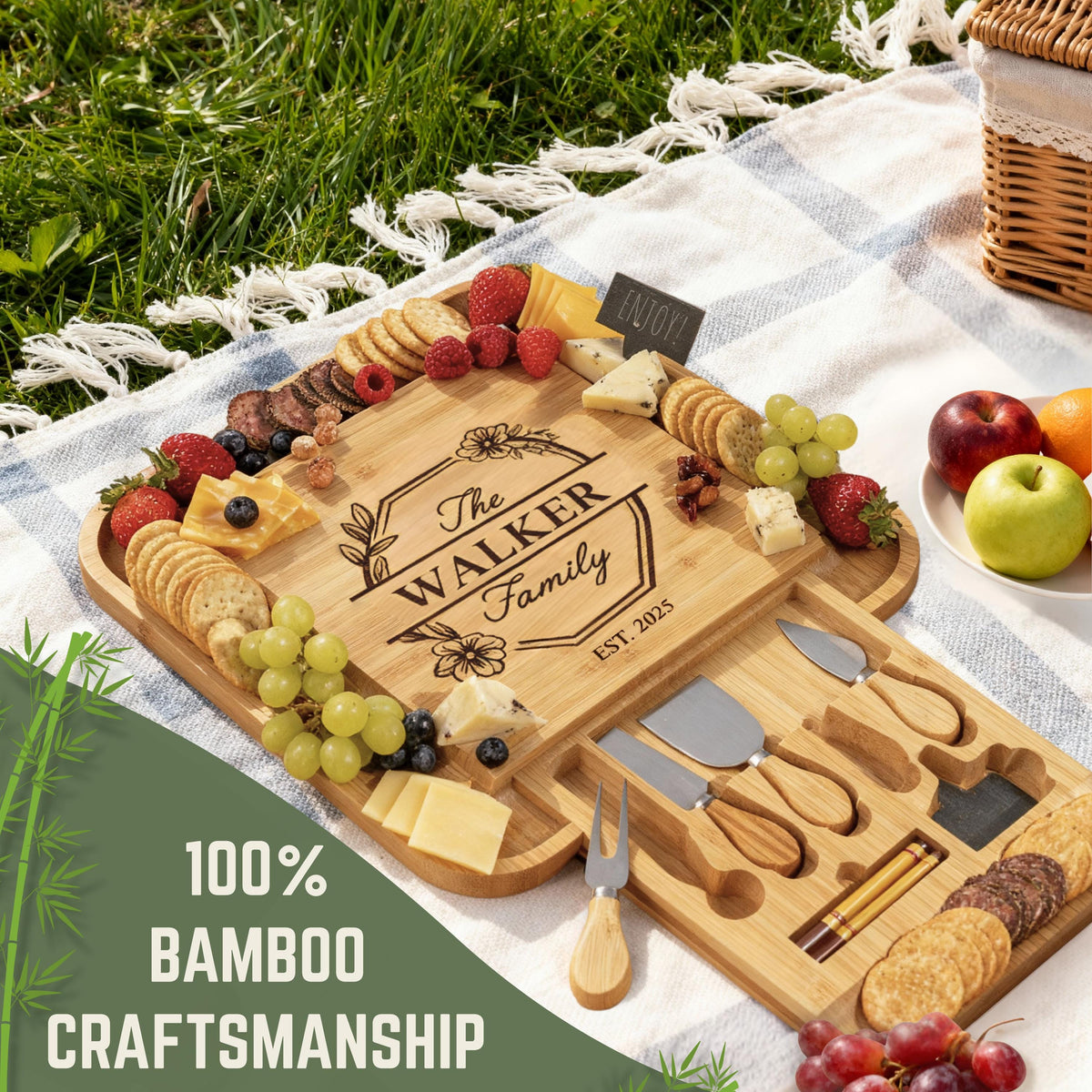 Personalized Charcuterie Board Set with Drawer, Custom Engraved Wedding Gift for Couple, Bamboo Cheese Board & Knife Set, Housewarming Gift