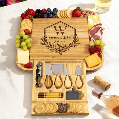 Personalized Charcuterie Board Set with Drawer, Custom Engraved Wedding Gift for Couple, Bamboo Cheese Board & Knife Set, Housewarming Gift