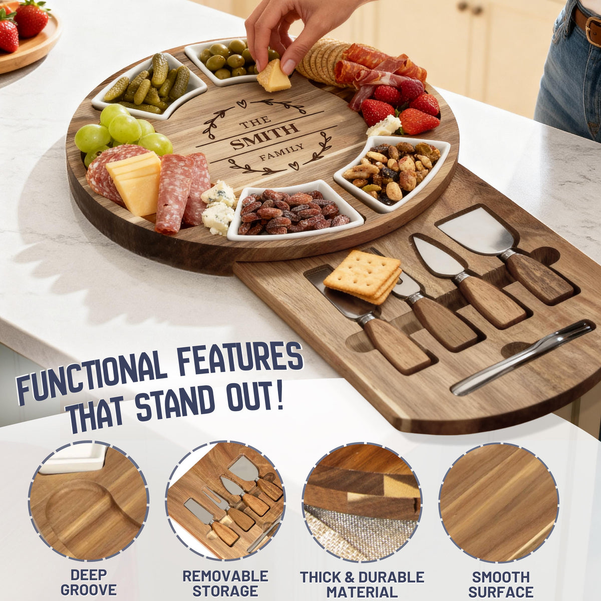 Personalized Acacia Wood Charcuterie Board, Custom Cheese Board & Knife Set, Wedding Gift for Couple, Engraved 5th Anniversary Gift
