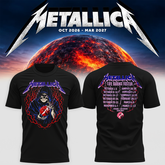 MTLC Life Burns Faster 2026 2027 Las Vegas Merch Tee Live At Sphere Tour Dates Skeleton Wizard Two Sided T-Shirt